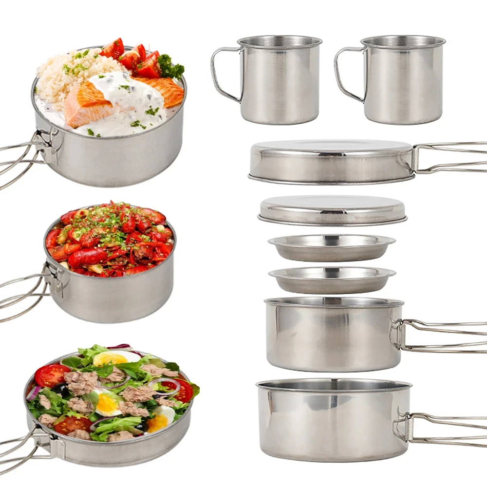 8 unids/set utensilios de coci - Camping Cooking Pot Stainless Steel reseña y precio